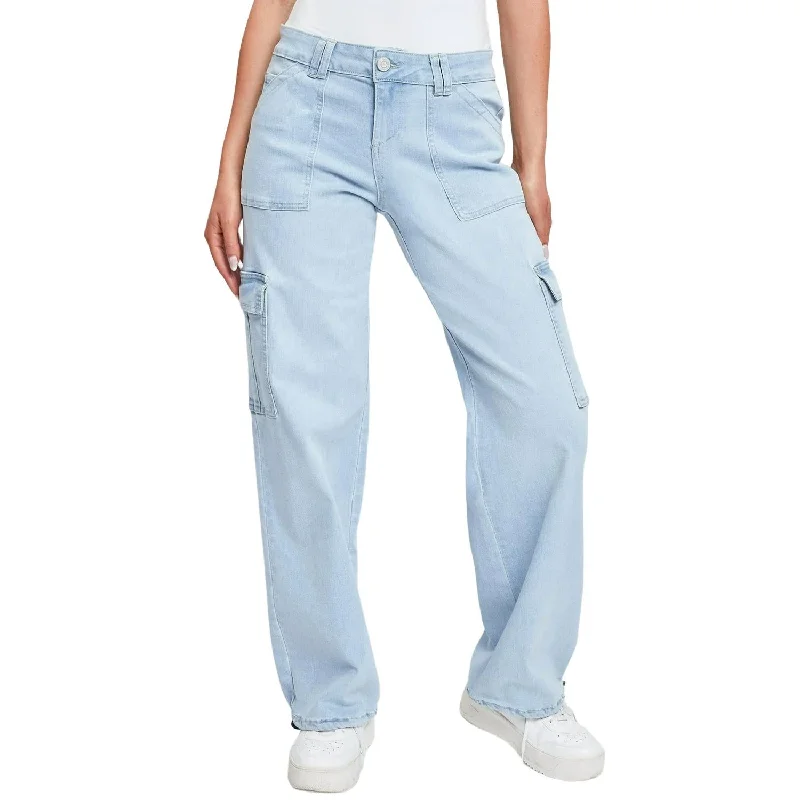 Low Rise Cargo Jeans With Bungee Hem In Celeste Blue