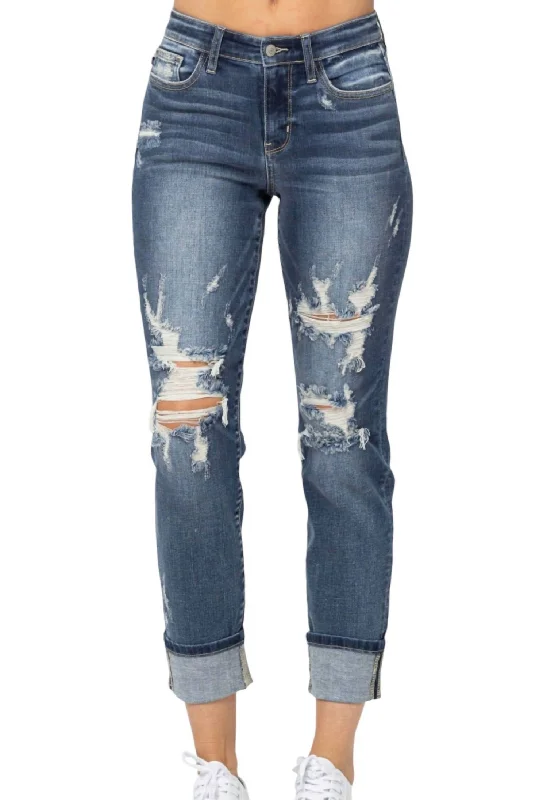 Mid Rise Destroyed Cuffed Boyfriend Jeans In Washed Denim