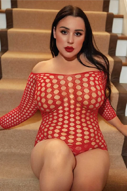 Seamless Bodysuits for a Smooth Underwear LookPlus Red 3/4 Sleeve Mesh Fishnet Bodysuit