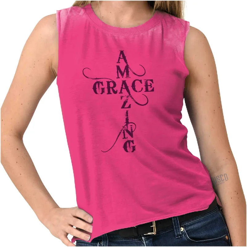 Striped Women T Shirt in a Classic PatternAmazing Grace Script Junior Muscle T-shirt