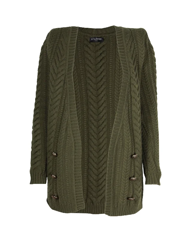 sequin embellished women cardigan for special occasionsBalmain Cable Knit Cardigan in Green Wool