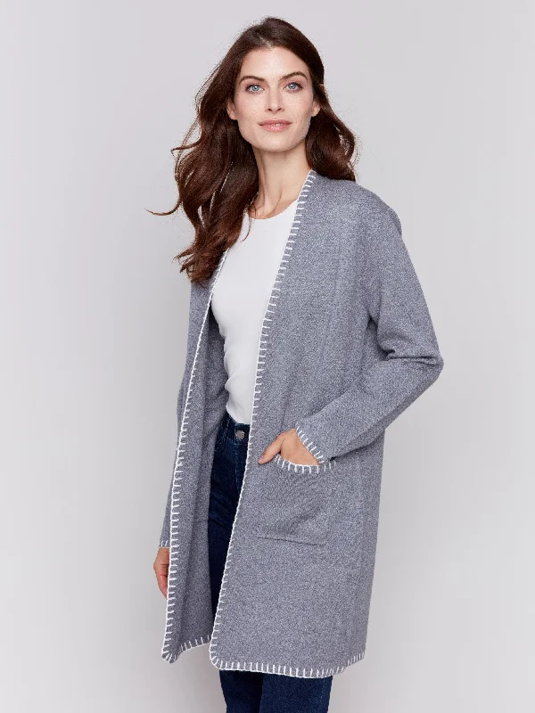 machine washable women cardigan for easy careBlanket Stitch Long Cardigan - Grey