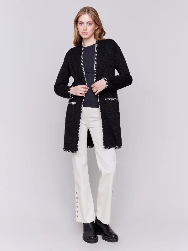 ribbed women cardigan with a classic textureBlanket Stitch Long Cardigan - Black