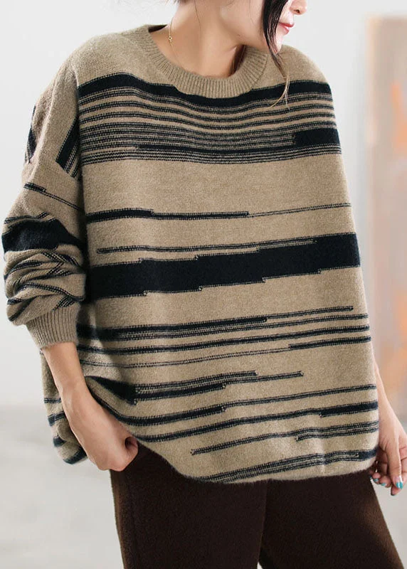 Button - Down Women's Shetland Wool Sweaters in Traditional PatternsBoutique Khaki Striped Knit Sweater Tops Winter