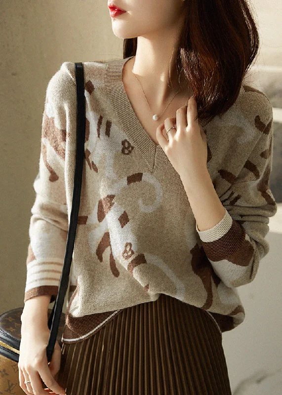 Cropped Women's Angora Blend Sweaters for a Trendy LookBrief Camel V Neck Print Woolen Knit Sweaters Long Sleeve