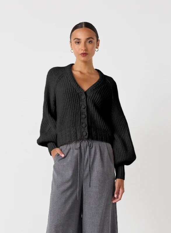 v neck women cardigan to elongate the necklineBronwyn Wool Knit Cardigan | Black | Restock