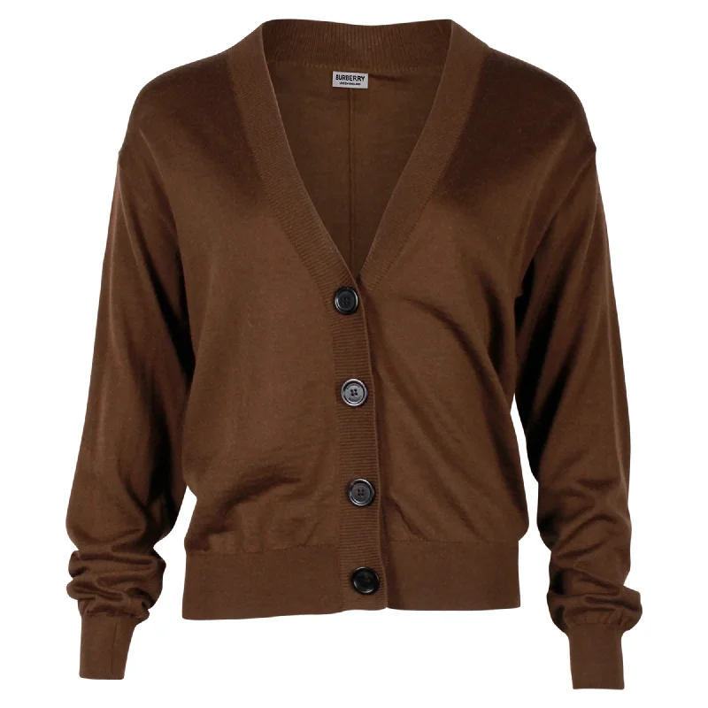 cable knit women cardigan with intricate patternsBurberry Elbow Patch Cardigan in Brown Merino Wool