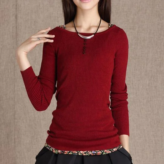 Plus Size Women's Embroidered Sweaters in Ethnic StylesBurgundy Floral trim knitted sweater top