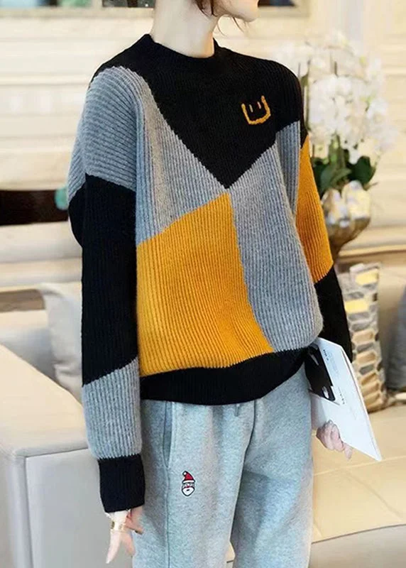 Cropped Women's Angora Blend Sweaters for a Trendy LookCasual Colorblock O Neck Thick Patchwork Knit Sweaters Fall