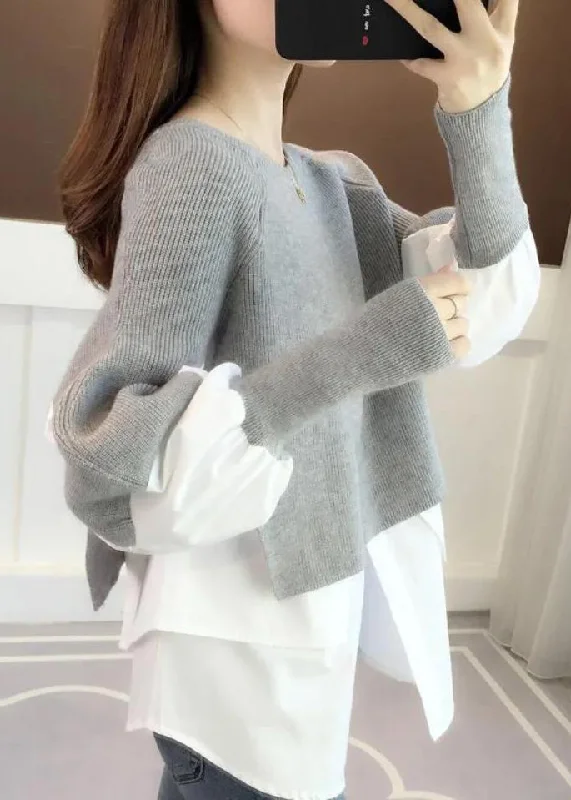 Cropped Women's Angora Blend Sweaters for a Trendy LookCasual Grey O Neck False Two Pieces Patchwork Knit Sweater Top Fall