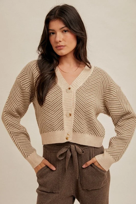 cropped women cardigan to pair with high - waisted jeansChevron Box Crop Button-Down Cardigan Sweater