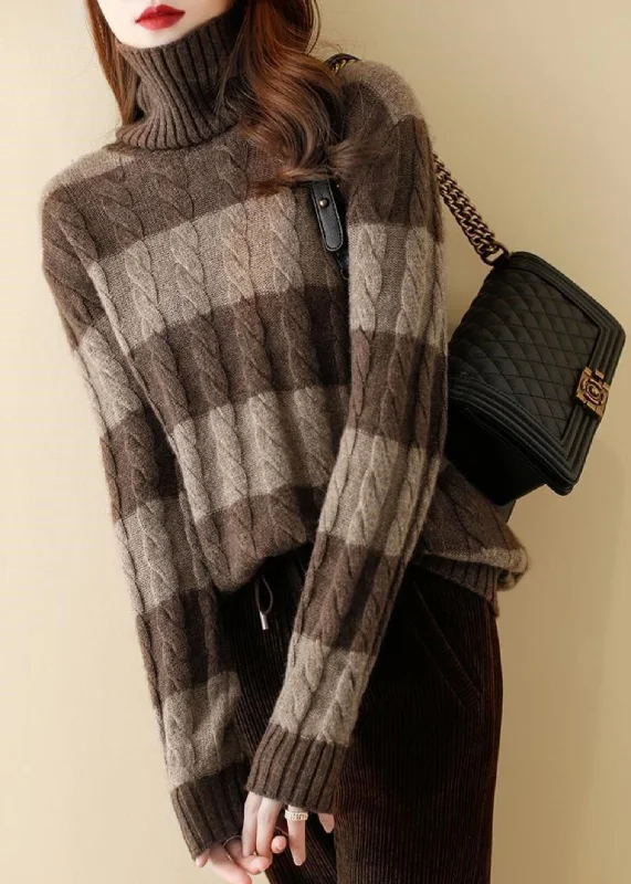 Bell - Sleeve Women's Mohair - Wool Blend SweatersChic Coffee Striped Hign Neck Thick Patchwork Knit Short Sweater Fall