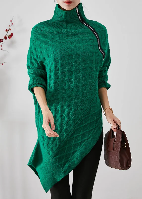 V - Neck Women's Ribbed Wool Sweaters for FallChic Green Asymmetrical Zippered Knit Short Sweater Fall