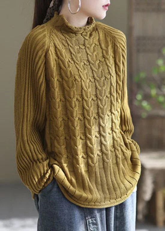 Plus Size Women's Side - Slit Sweaters in Bold SolidsChic Yellow Turtle Neck warm Knit sweaters Winter