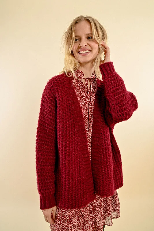 cable knit women cardigan with intricate patternsChunky Knit Cardigan in Burgundy