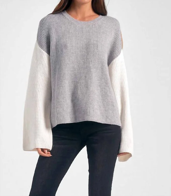 Plus Size Women's Side - Slit Sweaters in Bold SolidsColor Block Sweater In Grey