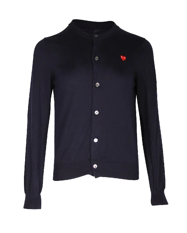 plus size women cardigan for comfortable layeringComme Des Garcons CDG Small Heart Patch Cardigan in Navy Blue Cotton