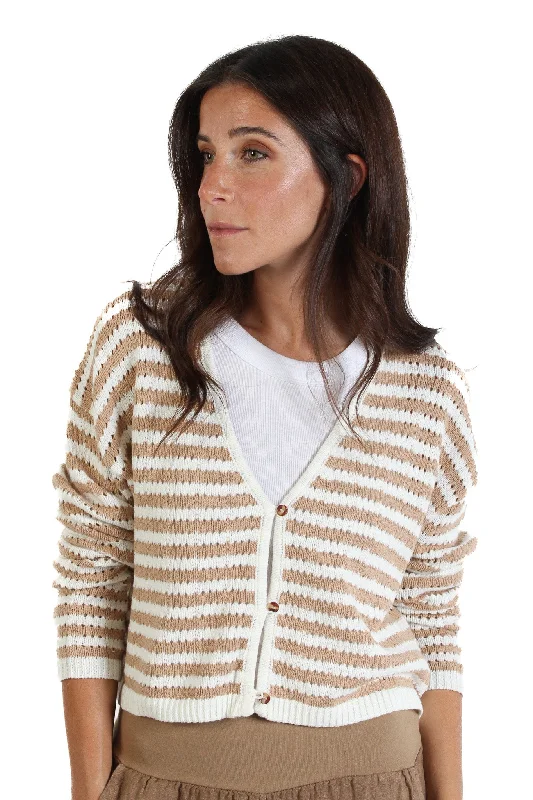 hooded women cardigan for added warmth and styleCrochet Tan & White Striped Cardigan