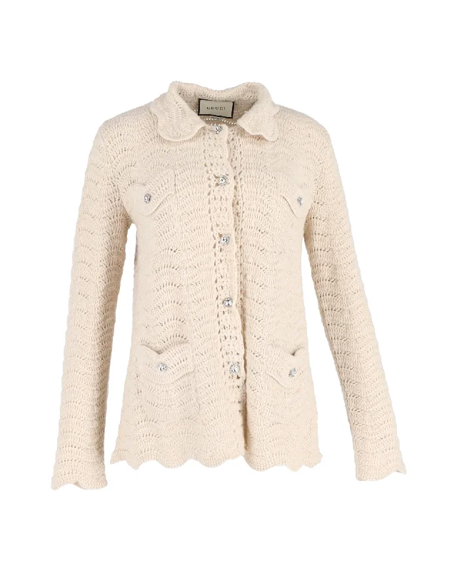 hand knitted women cardigan with artisanal charmGucci Crystal-Button Crochet Cardigan In Cream Wool