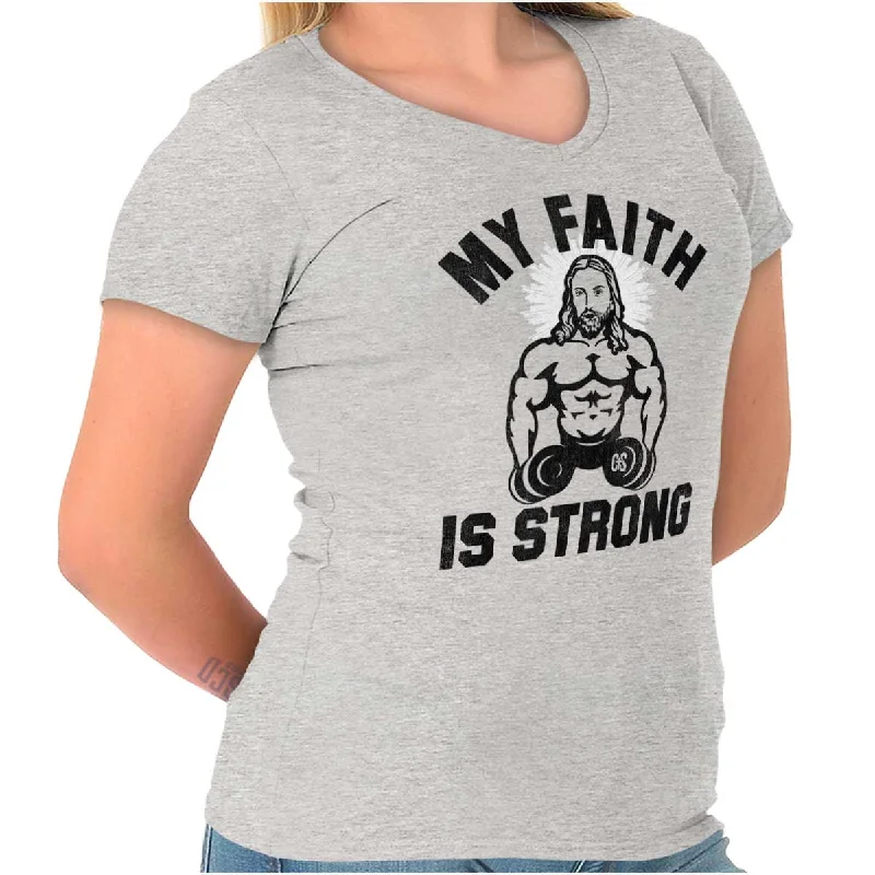 Sleeveless Women T Shirt for Summer ComfortGym Jesus Christ Strong Junior Fit V-Neck T Shirt