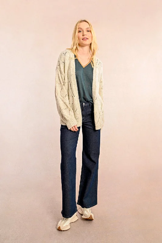 v neck women cardigan to elongate the necklineHearts Metallic Knit Cardigan in Off White