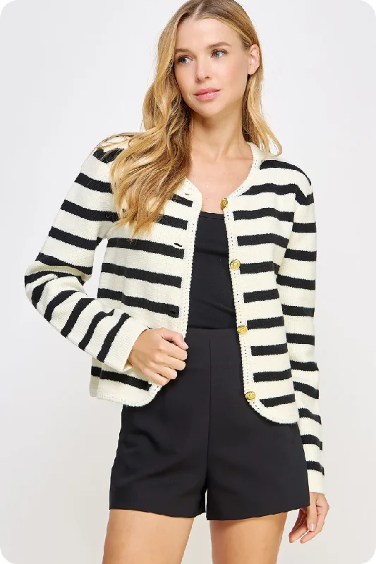 ribbed women cardigan with a classic textureJackie Stripe Button Front Cardigan