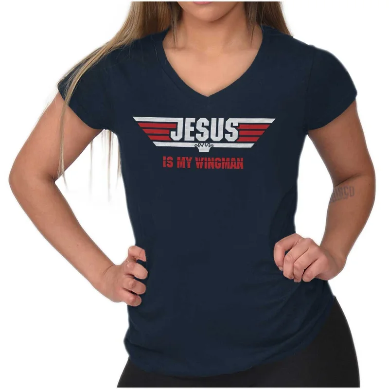 V - Neck Women T Shirt to Enhance the NecklineJesus Is My Wingman Junior Fit V-Neck T Shirt