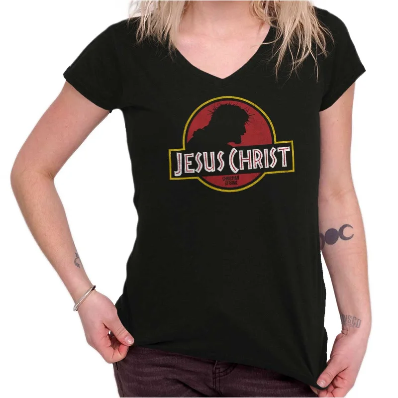 Striped Women T Shirt in a Classic PatternJesus Jurassic Christ Junior Fit V-Neck T Shirt