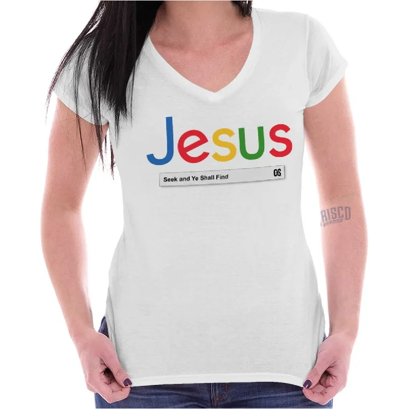 Distressed Women T Shirt with a Laid - Back AestheticJesus Seeking Answers Junior Fit V-Neck T Shirt