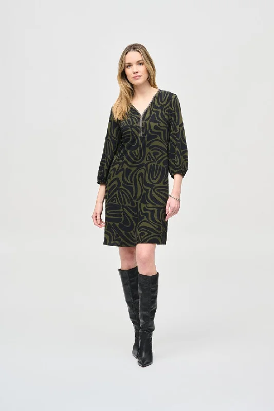 Women's Long Sleeve Turtleneck Cashmere SweatersJoseph Ribkoff Black Green Woven Abstract Print A-Line Dress