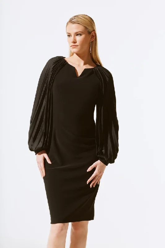 Tie - Front Women's Lambswool Sweaters in Pastel HuesJoseph Ribkoff Black Silky Knit Dress With Pleated Satin Sleeves