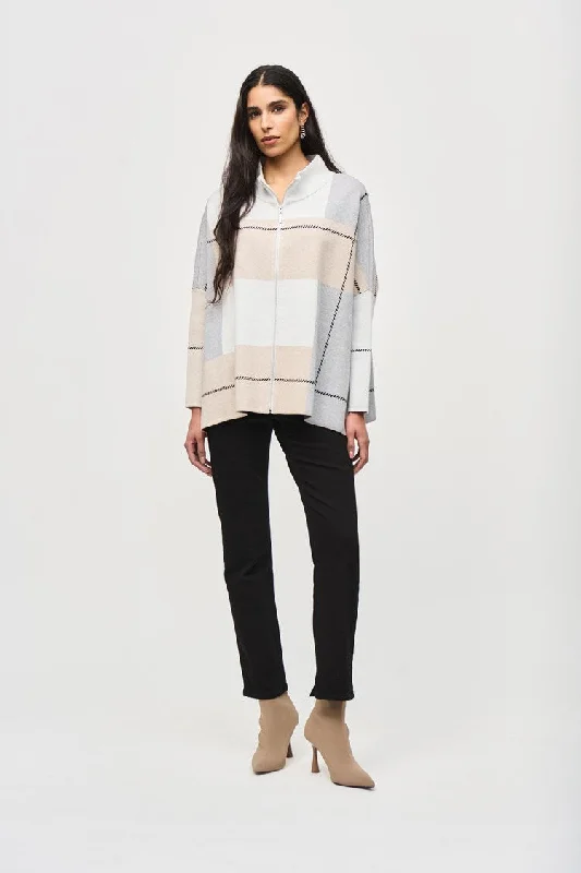 Open - Front Women's Cardigan - Style Mohair SweatersJoseph Ribkoff Vanilla/Oatmeal/Grey Color-Block Jacquard Knit Cover-Up