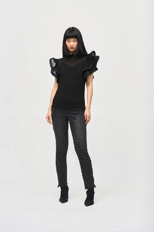 Split - Hem Women's Linen Blend Sweaters for SpringJoseph Ribkoff Black Chiffon Pleated Top With Ruffled Sleeves