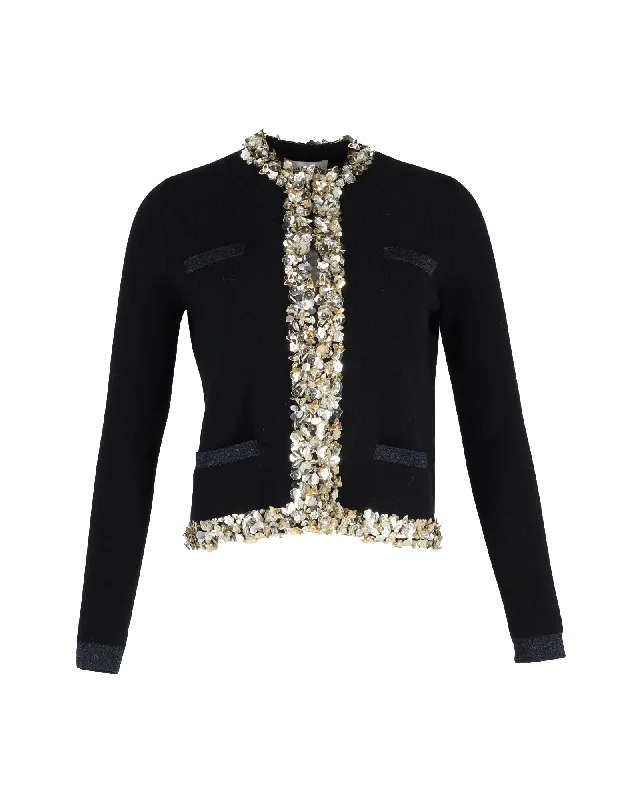 color block women cardigan with bold huesLanvin Floral-Embellished Cardigan in Black Wool