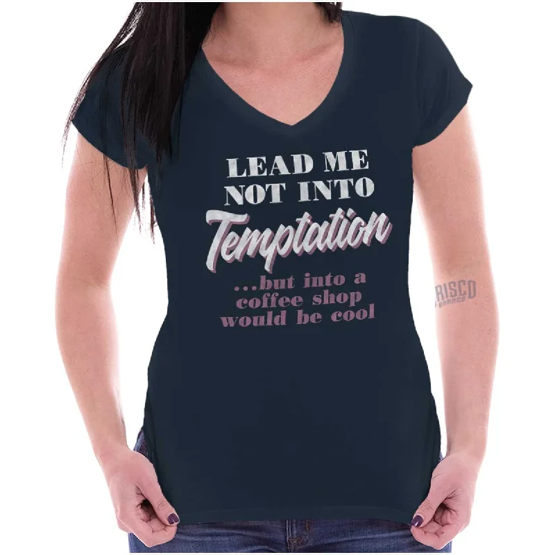 Floral Print Women T Shirt for a Feminine TouchLead Me Not To Temptation Junior Fit V-Neck T Shirt