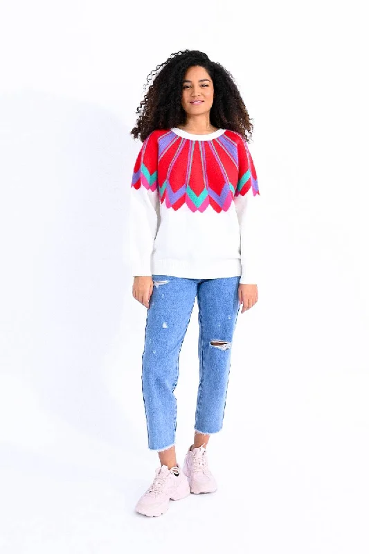 Plus Size Women's Ruffled Hem Sweaters in Floral PrintsLili Sidonio Off White Sweater With Raglan Armhole.