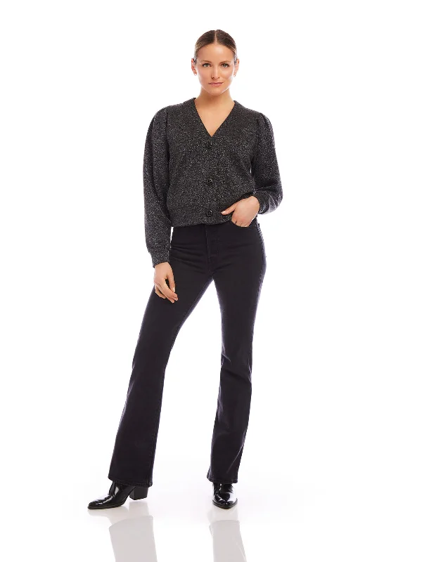 v neck women cardigan to elongate the necklineMadeline Cardigan in Black with Silver