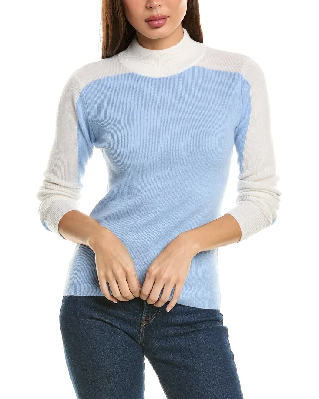 Split - Hem Women's Linen Blend Sweaters for SpringMagaschoni Mock Neck Two-Tone Rib Cashmere Pullover