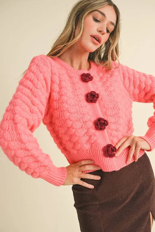 oversized women cardigan for a trendy and cozy lookMarcy Textured Sweater Cardigan with Rosette Detail