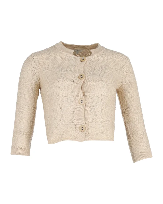 v neck women cardigan to elongate the necklineMax Mara Button-Front Cardigan in Beige Cotton