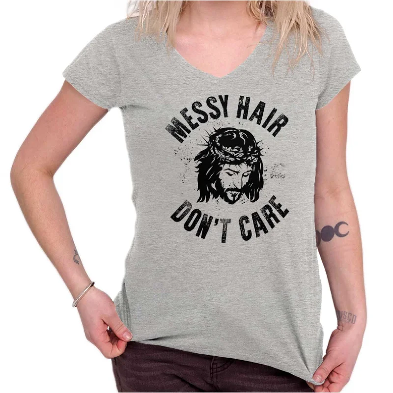 V - Neck Women T Shirt to Enhance the NecklineMessy Hair Jesus Junior Fit V-Neck T Shirt