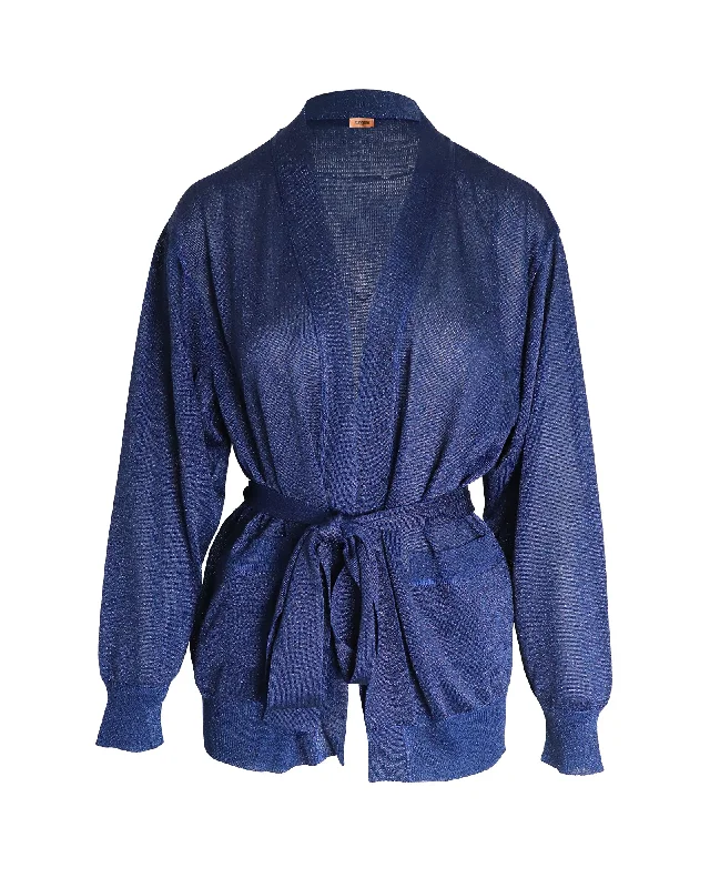 oversized women cardigan for a trendy and cozy lookMissoni Metallic Belted Cardigan in Blue Viscose