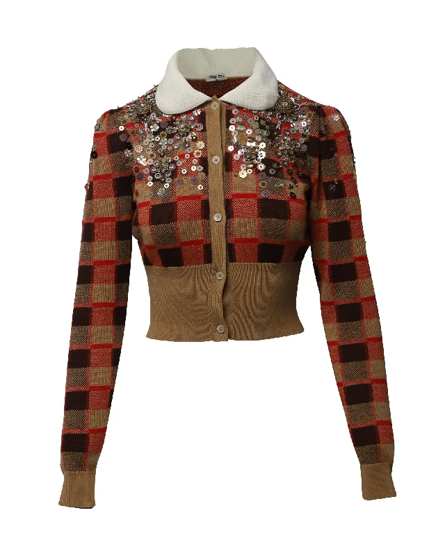 hooded women cardigan for added warmth and styleMiu Miu Embellished Tartan Knit Cardigan in Multicolor Wool