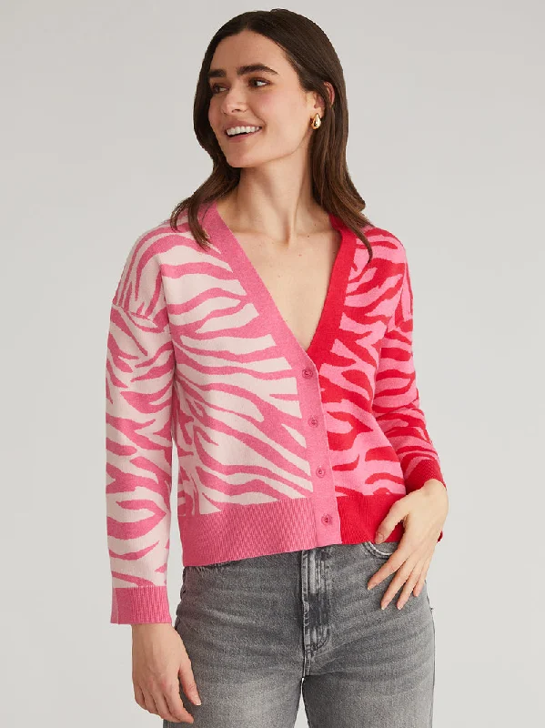 hooded women cardigan for added warmth and styleNicole Colorblock Zebra Print Cardigan in Carmine Rose Multi