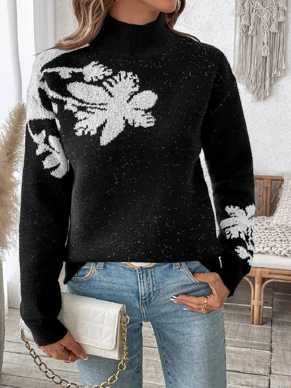 Split - Hem Women's Linen Blend Sweaters for SpringPerfee Flower Mock Neck Long Sleeve Sweater