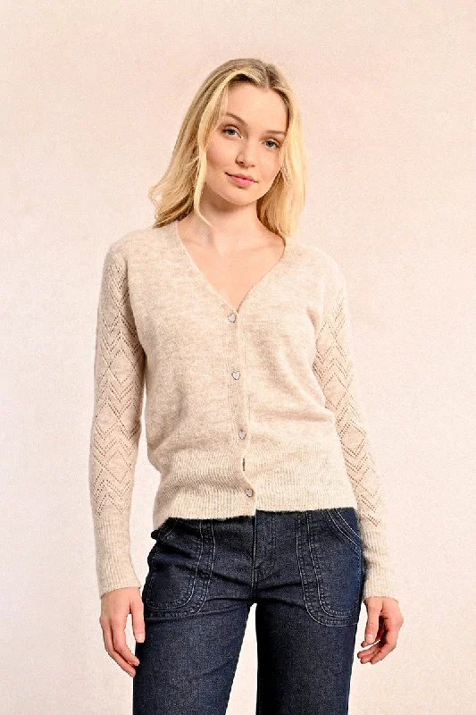 ribbed women cardigan with a classic texturePointelle Sleeve Cardigan with Heart Buttons in Cream