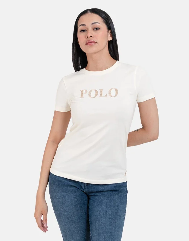 V - Neck Women T Shirt to Enhance the NecklinePolo Asha Embroidered Off White T-Shirt