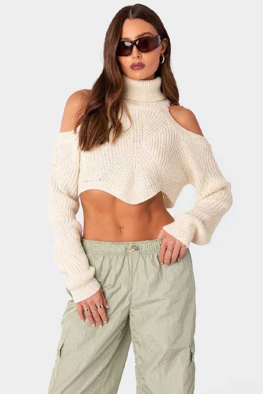 Women's Long Sleeve Turtleneck Cashmere SweatersAsymmetric Cropped Open Shoulder Turtle Neck Sweater