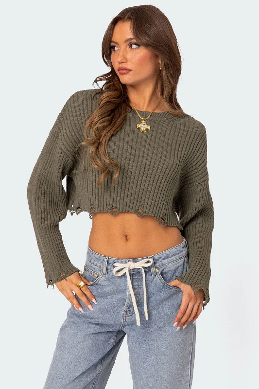 Split - Hem Women's Linen Blend Sweaters for SpringDistressed Hem Oversized Cropped Sweater