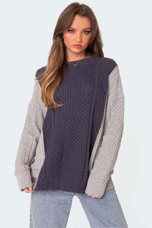 Open - Front Women's Cardigan - Style Mohair SweatersTwo Tone Oversized Cable Knit Sweater